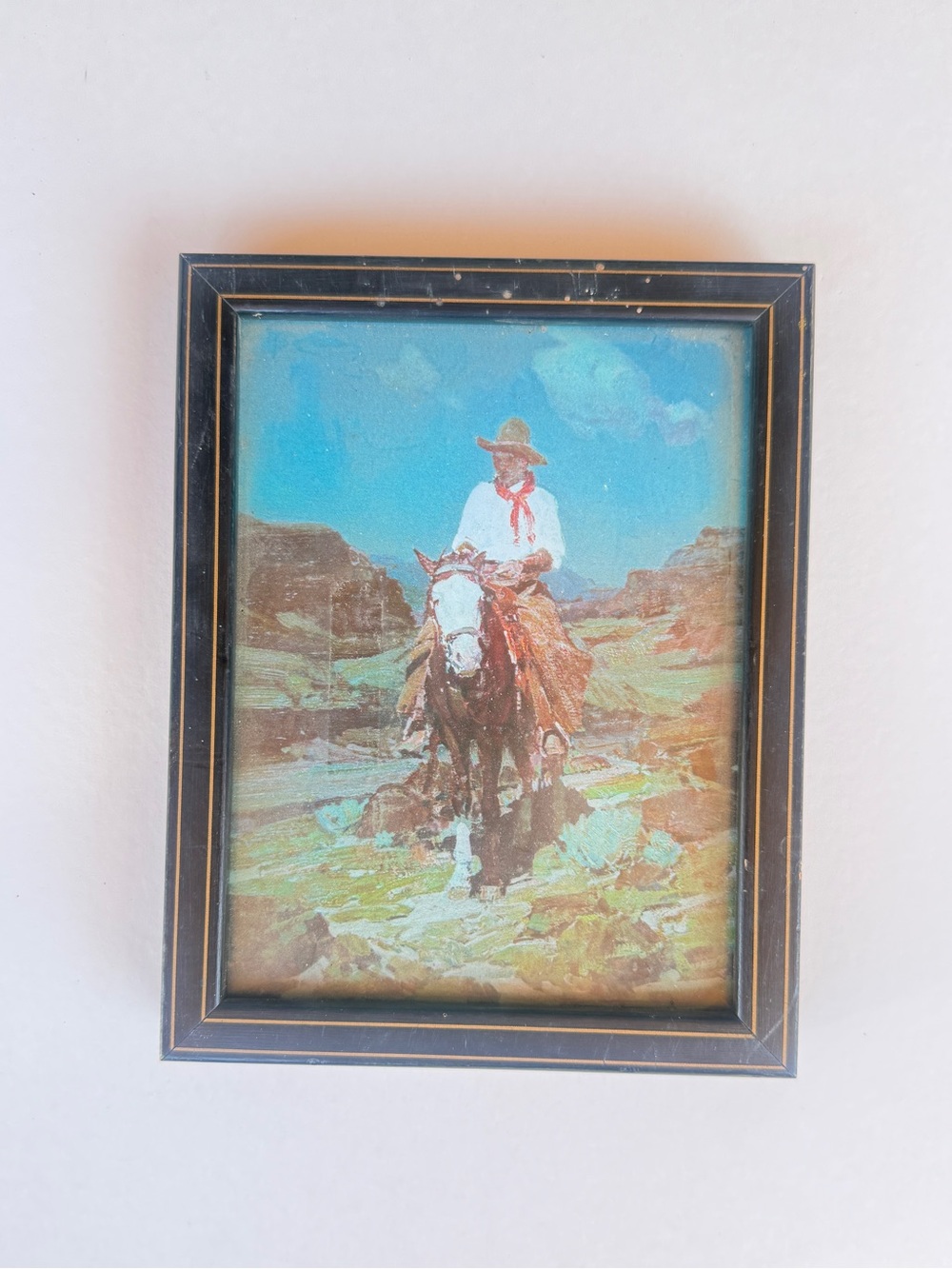Vintage Framed Western Horse and Rider Art Print - Blue and Brown Cowboy 5x7”